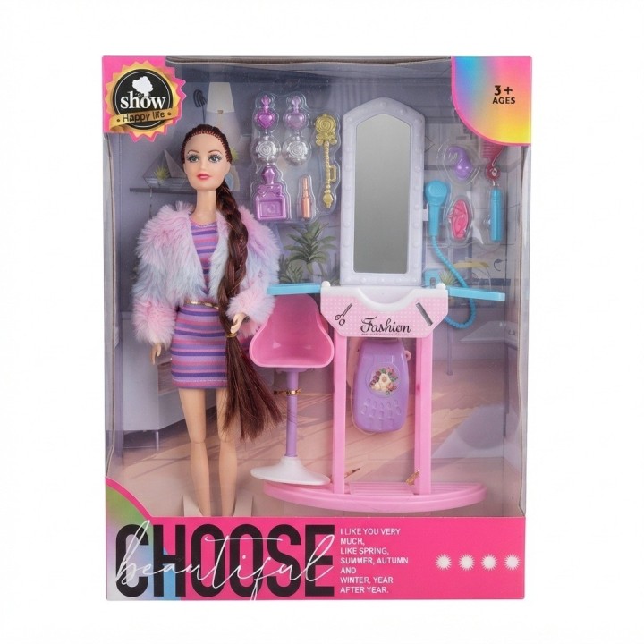 Set Muñeca Fashion Tocador Espejo Silla Y Accesorios