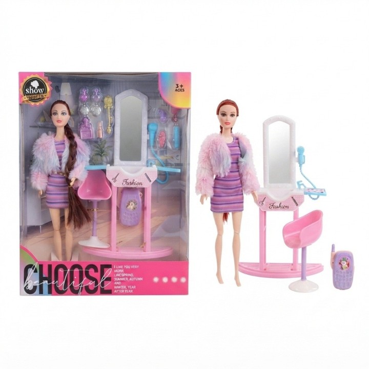 Set Muñeca Fashion Tocador Espejo Silla Y Accesorios