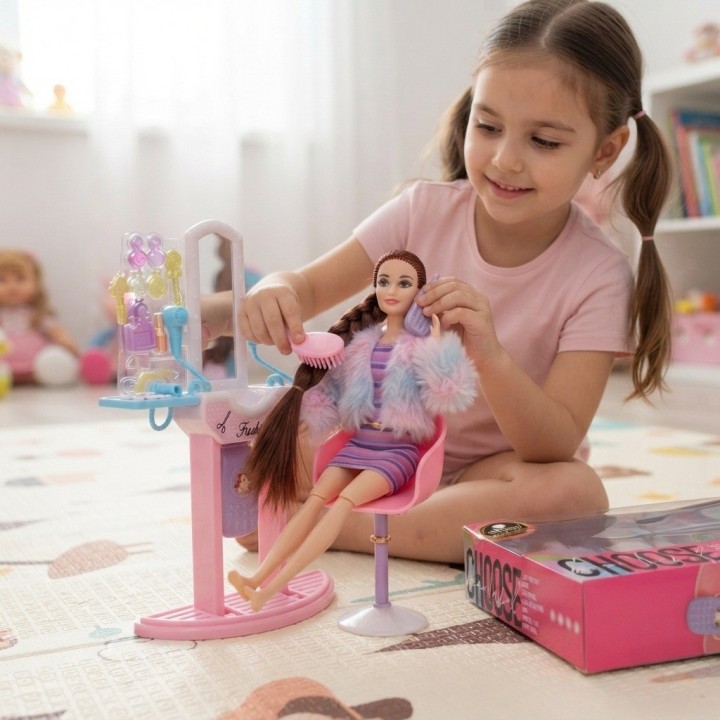Set Muñeca Fashion Tocador Espejo Silla Y Accesorios