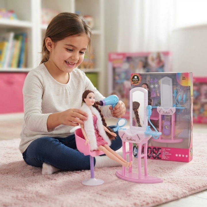 Set Muñeca Fashion Tocador Espejo Silla Y Accesorios