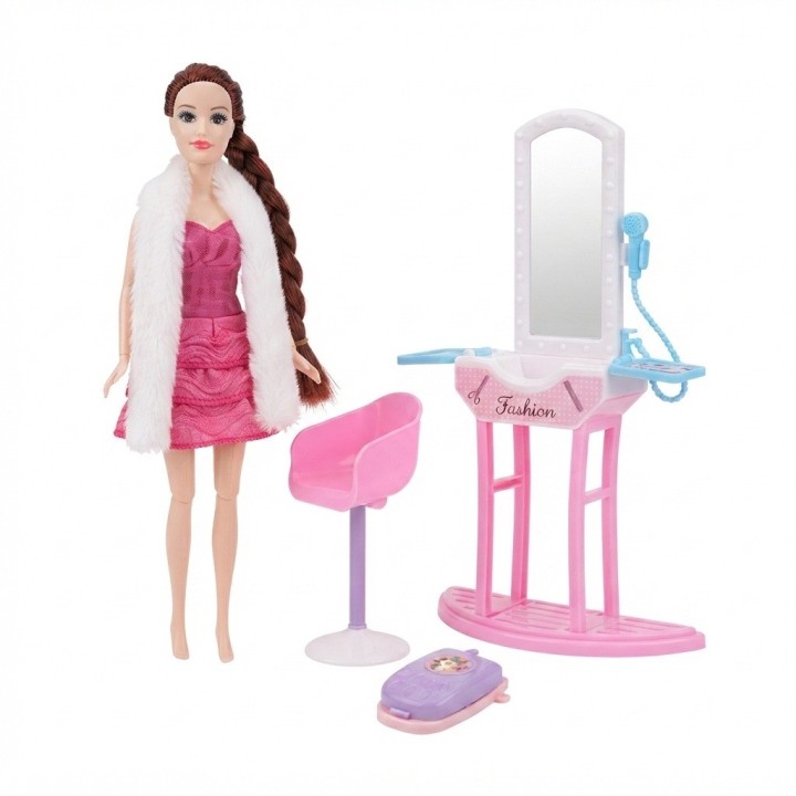 Set Muñeca Fashion Tocador Espejo Silla Y Accesorios