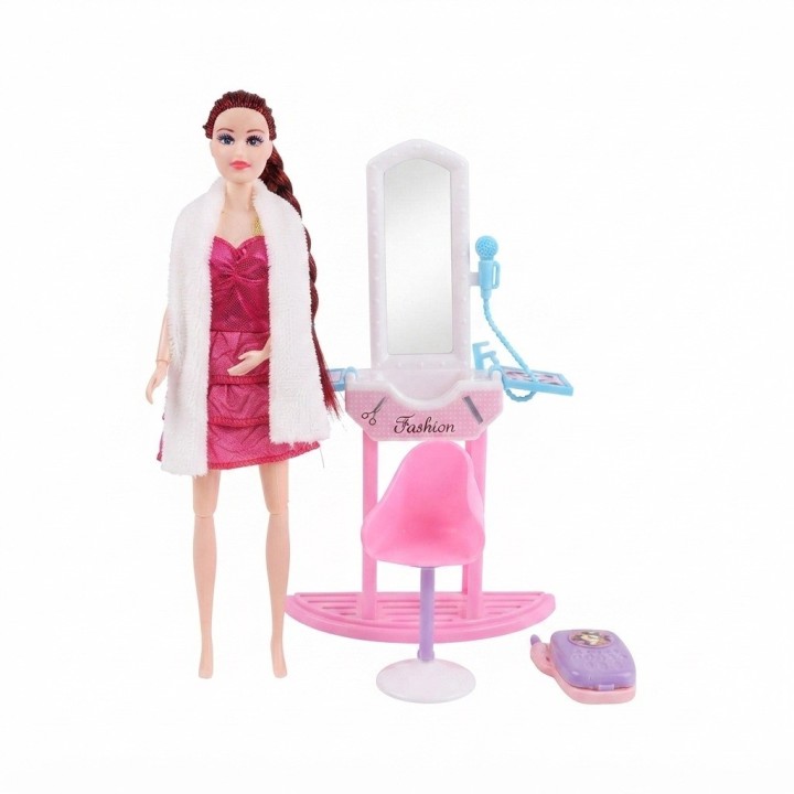 Set Muñeca Fashion Tocador Espejo Silla Y Accesorios