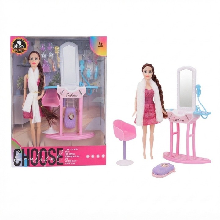 Set Muñeca Fashion Tocador Espejo Silla Y Accesorios