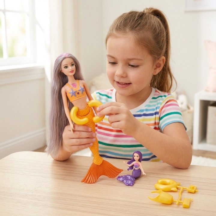 Set Muñeca Sirena Grande Con Mini Sirena Y Accesorios