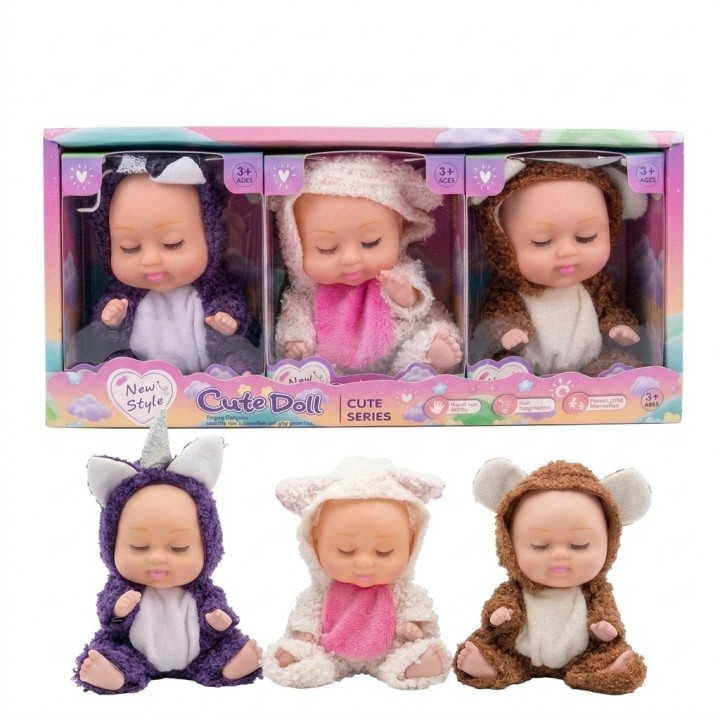 Set X3 Mini Muñecas Bebés Durmiendo Pijama Animalitos