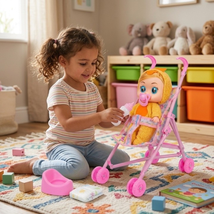 Set Muñeca Bebé Llorona Con Coche Y Accesorios