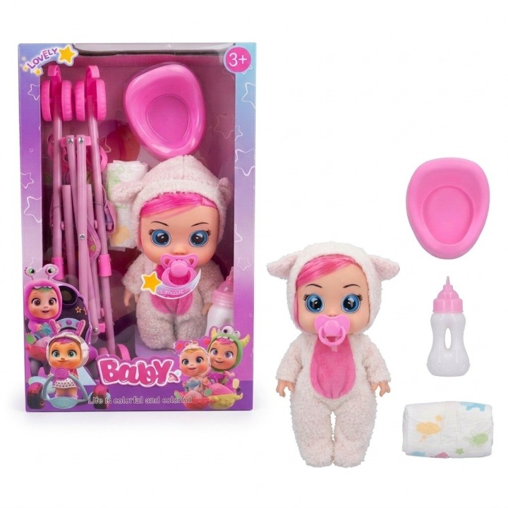Set Muñeca Bebé Llorona Con Coche Y Accesorios