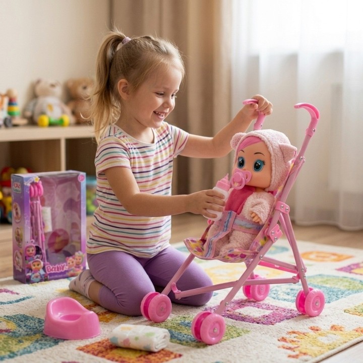 Set Muñeca Bebé Llorona Con Coche Y Accesorios