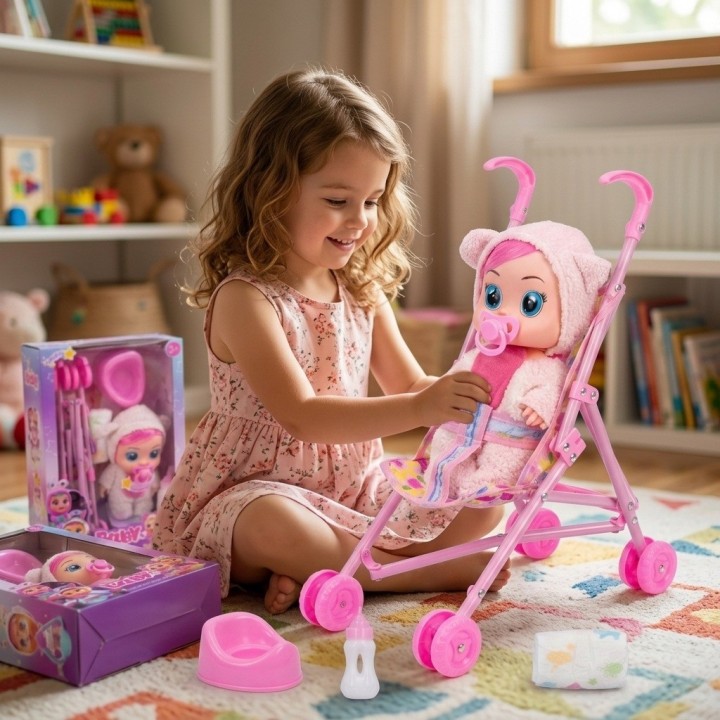 Set Muñeca Bebé Llorona Con Coche Y Accesorios
