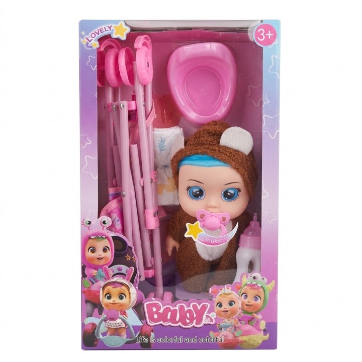 Set Muñeca Bebé Llorona Con Coche Y Accesorios