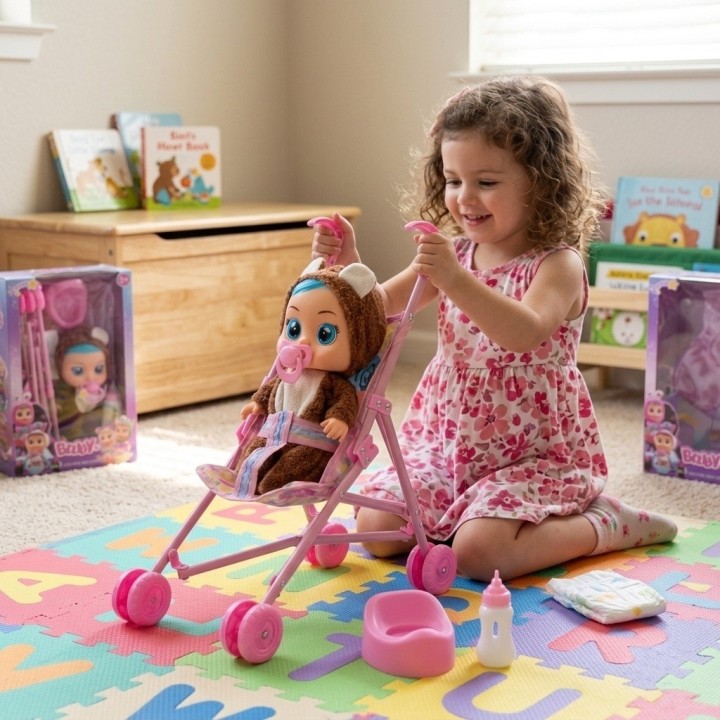 Set Muñeca Bebé Llorona Con Coche Y Accesorios
