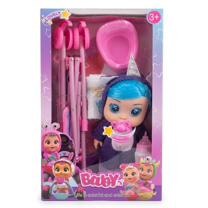 Set Muñeca Bebé Llorona Con Coche Y Accesorios