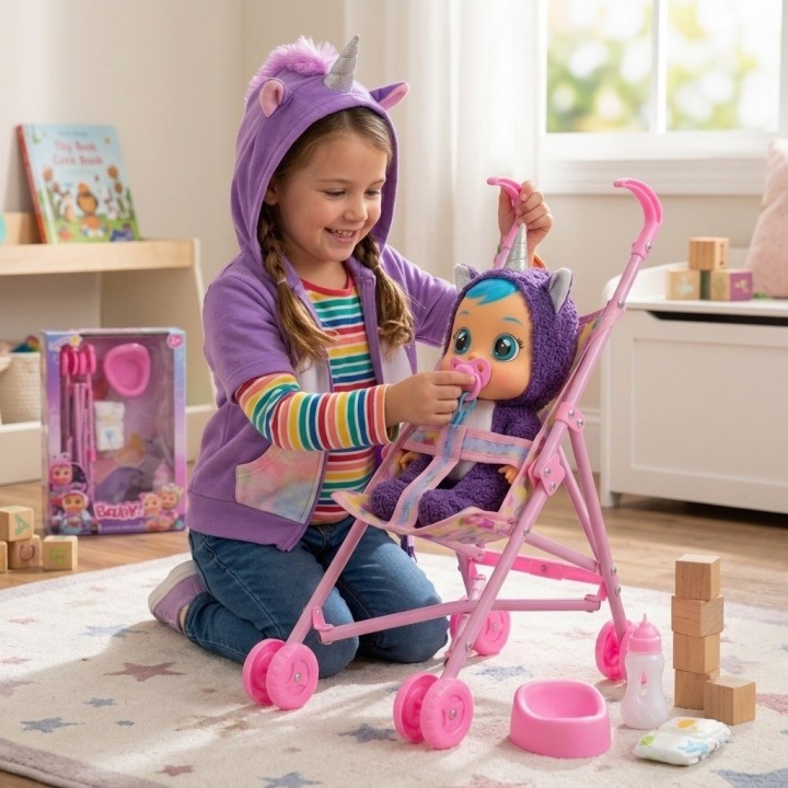 Set Muñeca Bebé Llorona Con Coche Y Accesorios