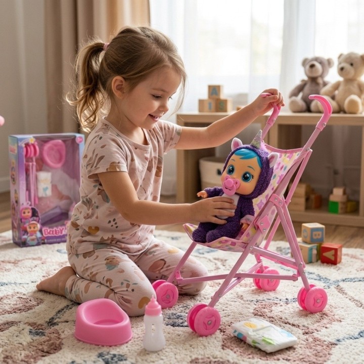 Set Muñeca Bebé Llorona Con Coche Y Accesorios