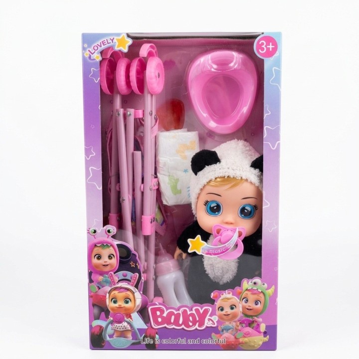 Set Muñeca Bebé Llorona Con Coche Y Accesorios