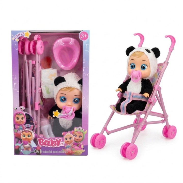 Set Muñeca Bebé Llorona Con Coche Y Accesorios
