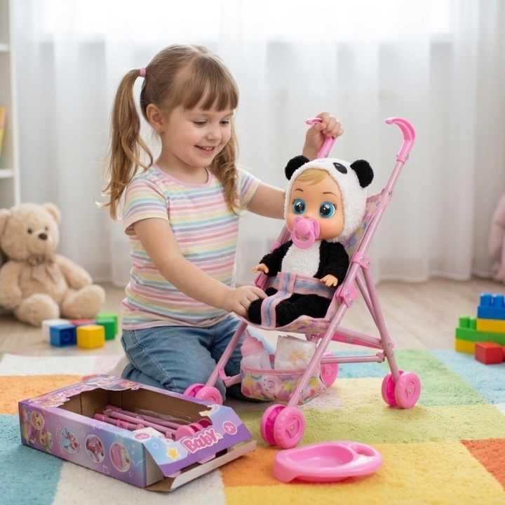 Set Muñeca Bebé Llorona Con Coche Y Accesorios