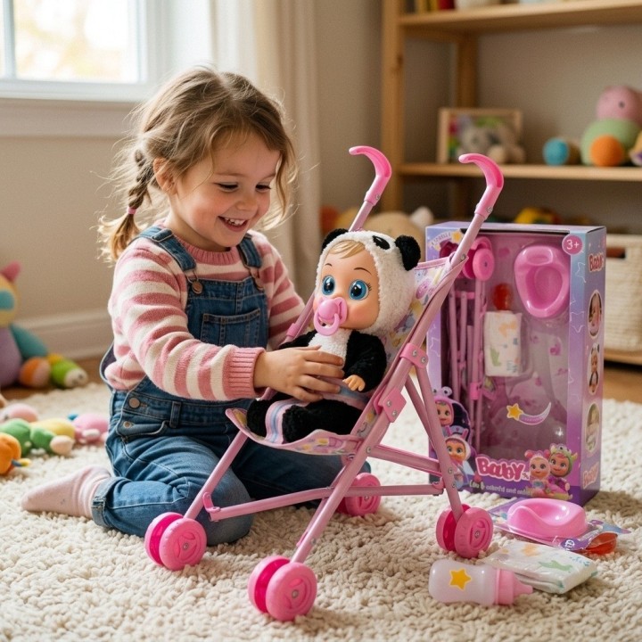 Set Muñeca Bebé Llorona Con Coche Y Accesorios