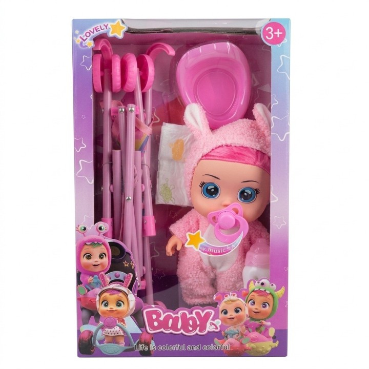 Set Muñeca Bebé Llorona Con Coche Y Accesorios