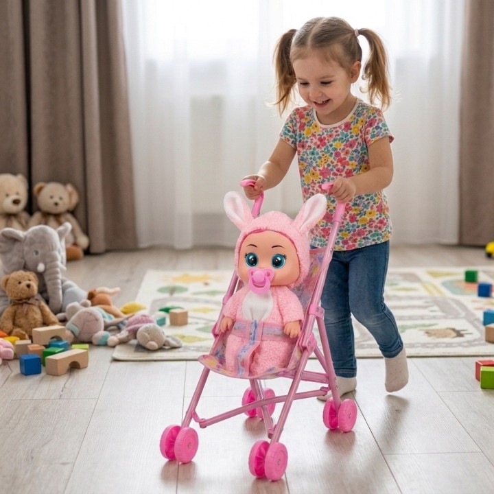 Set Muñeca Bebé Llorona Con Coche Y Accesorios