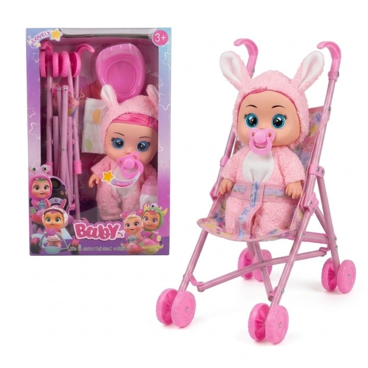 Set Muñeca Bebé Llorona Con Coche Y Accesorios