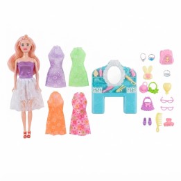 Set Muñeca De Moda Con Tocador Vestidos Y Accesorios