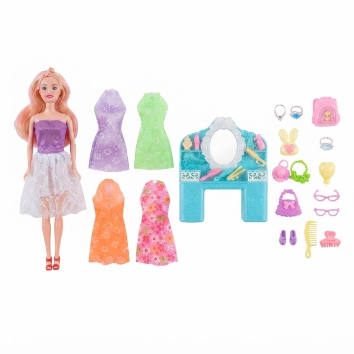 Set Muñeca De Moda Con Tocador Vestidos Y Accesorios