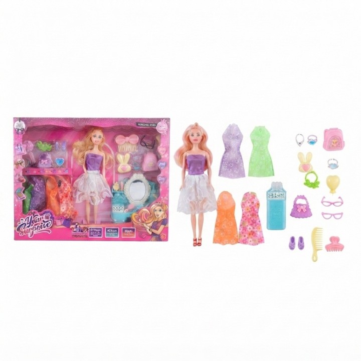 Set Muñeca De Moda Con Tocador Vestidos Y Accesorios