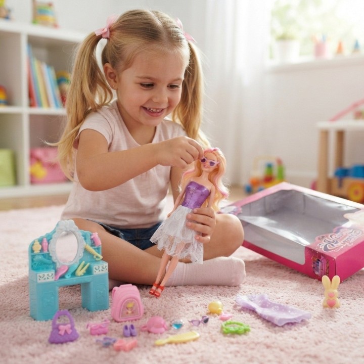 Set Muñeca De Moda Con Tocador Vestidos Y Accesorios