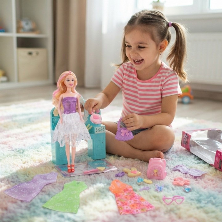Set Muñeca De Moda Con Tocador Vestidos Y Accesorios