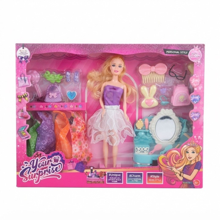 Set Muñeca De Moda Con Tocador Vestidos Y Accesorios