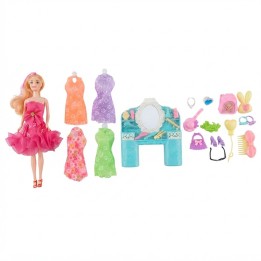 Set Muñeca De Moda Con Tocador Vestidos Y Accesorios
