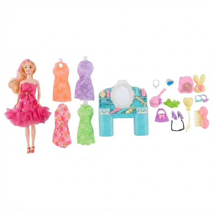 Set Muñeca De Moda Con Tocador Vestidos Y Accesorios