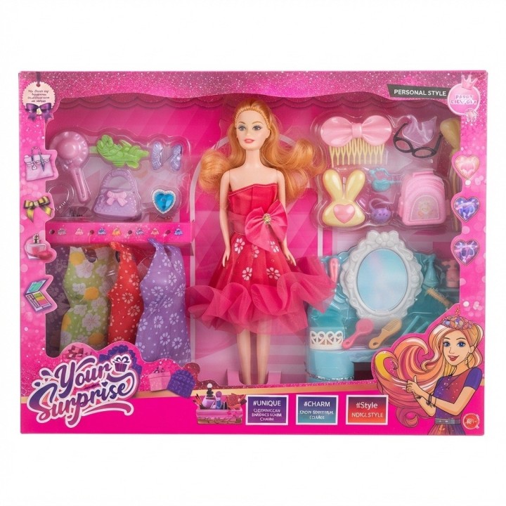 Set Muñeca De Moda Con Tocador Vestidos Y Accesorios