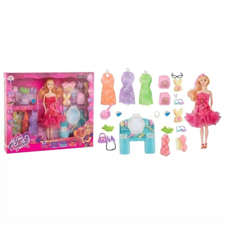 Set Muñeca De Moda Con Tocador Vestidos Y Accesorios