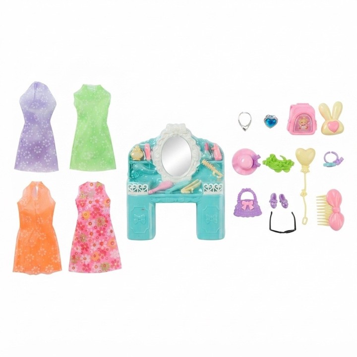 Set Muñeca De Moda Con Tocador Vestidos Y Accesorios