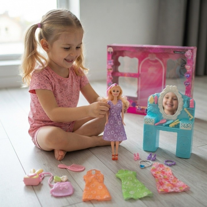 Set Muñeca De Moda Con Tocador Vestidos Y Accesorios