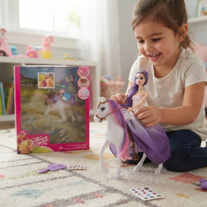 Set Muñeca Fashion Con Caballo Mágico Y Accesorios