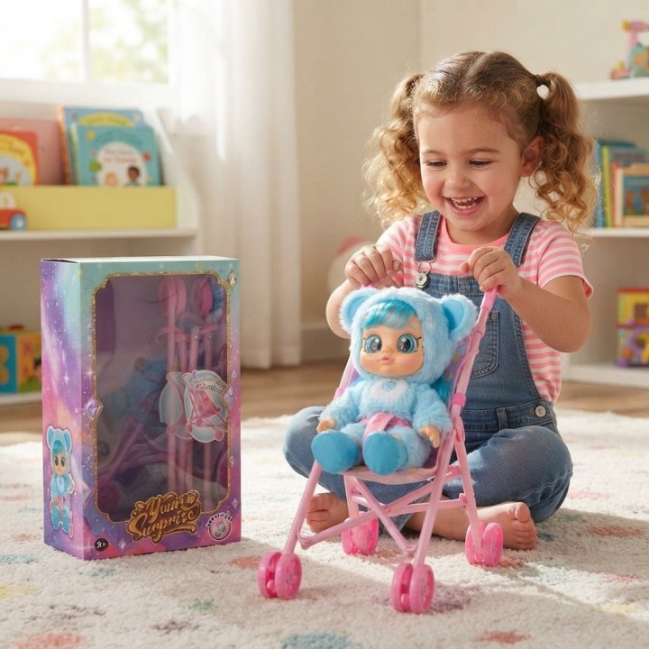 Muñeca Bebé Ojos Grandes Y Coche Paseador Plegable