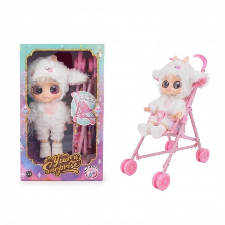 Muñeca Bebé Ojos Grandes Y Coche Paseador Plegable