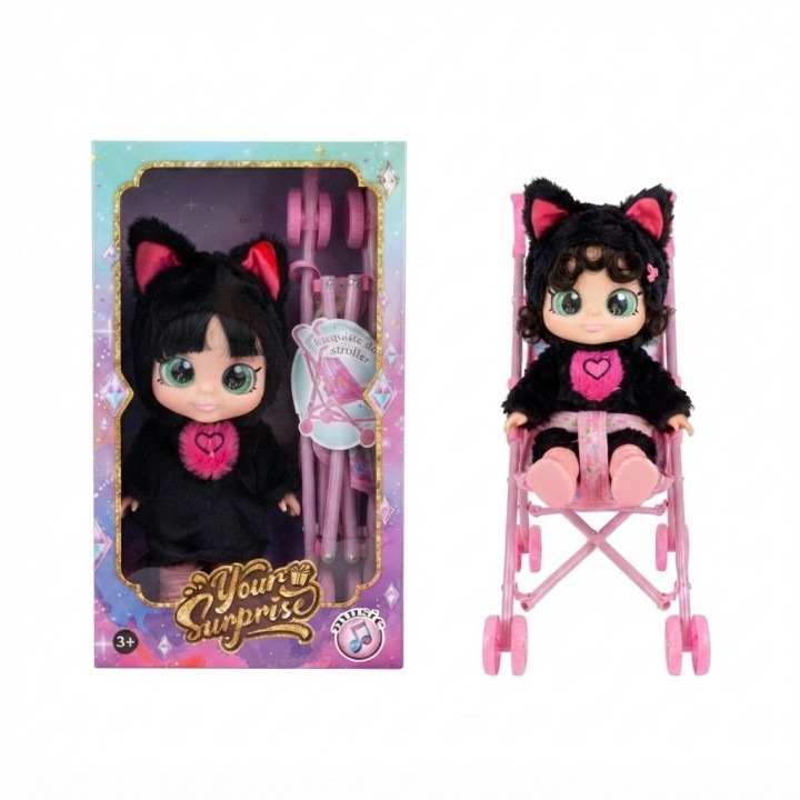 Muñeca Bebé Ojos Grandes Y Coche Paseador Plegable