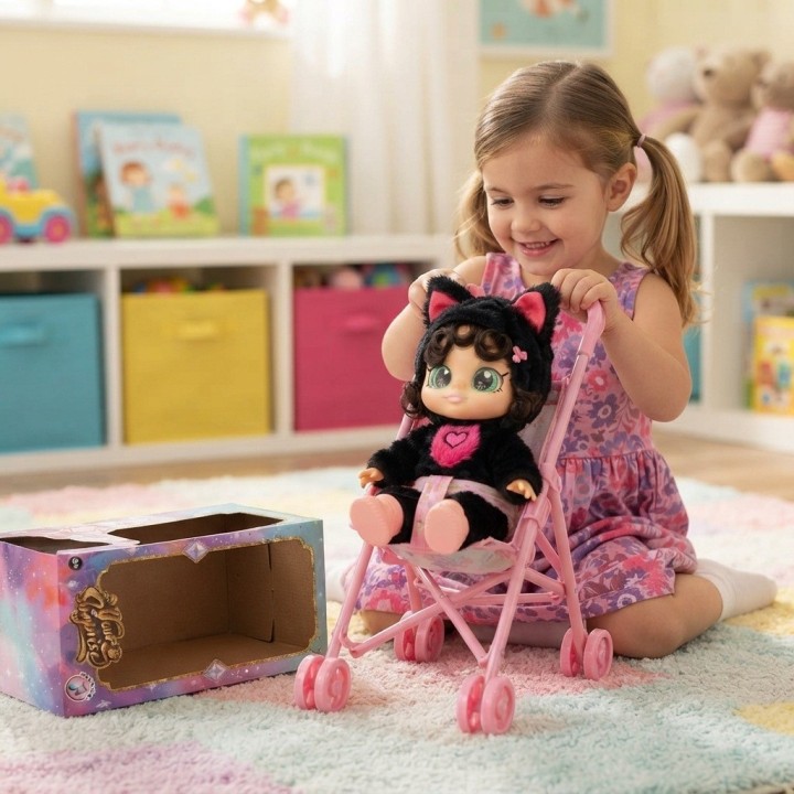 Muñeca Bebé Ojos Grandes Y Coche Paseador Plegable