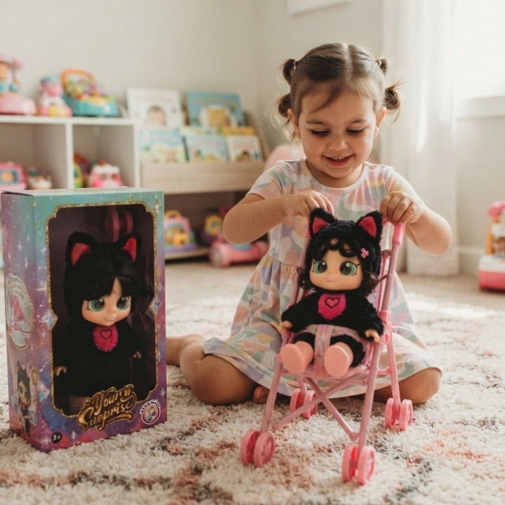 Muñeca Bebé Ojos Grandes Y Coche Paseador Plegable