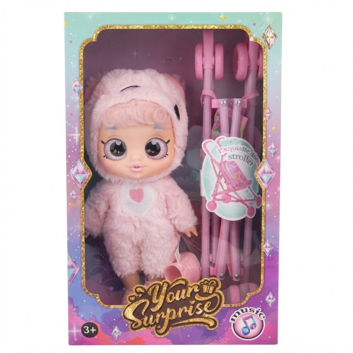 Muñeca Bebé Ojos Grandes Y Coche Paseador Plegable
