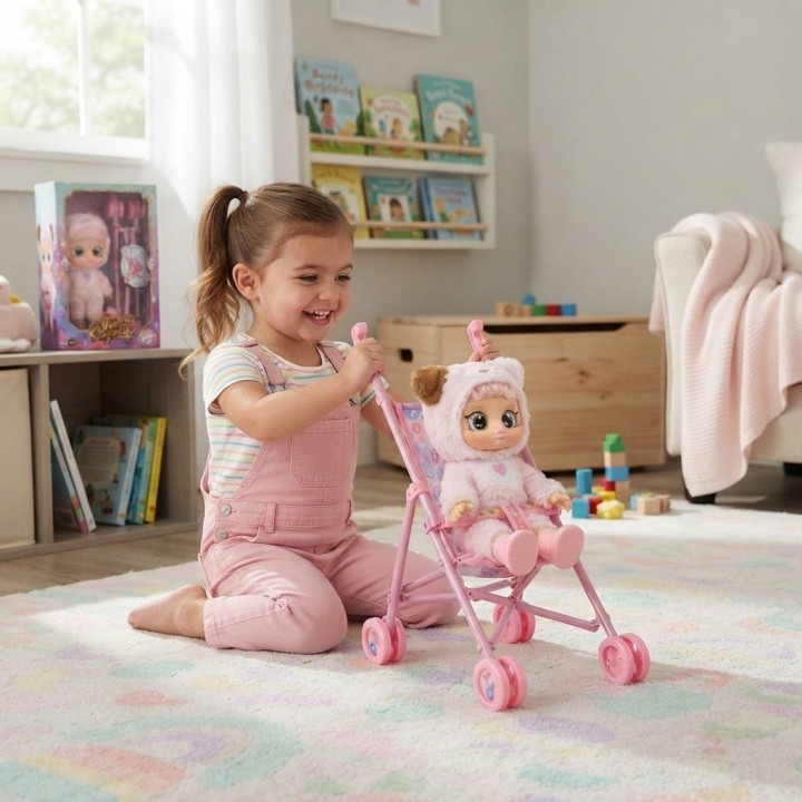 Muñeca Bebé Ojos Grandes Y Coche Paseador Plegable