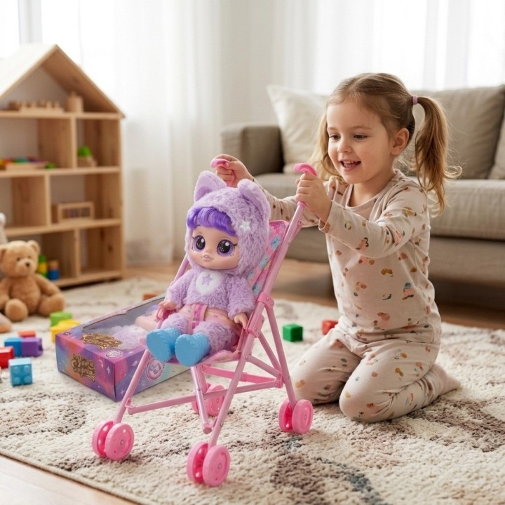 Muñeca Bebé Ojos Grandes Y Coche Paseador Plegable
