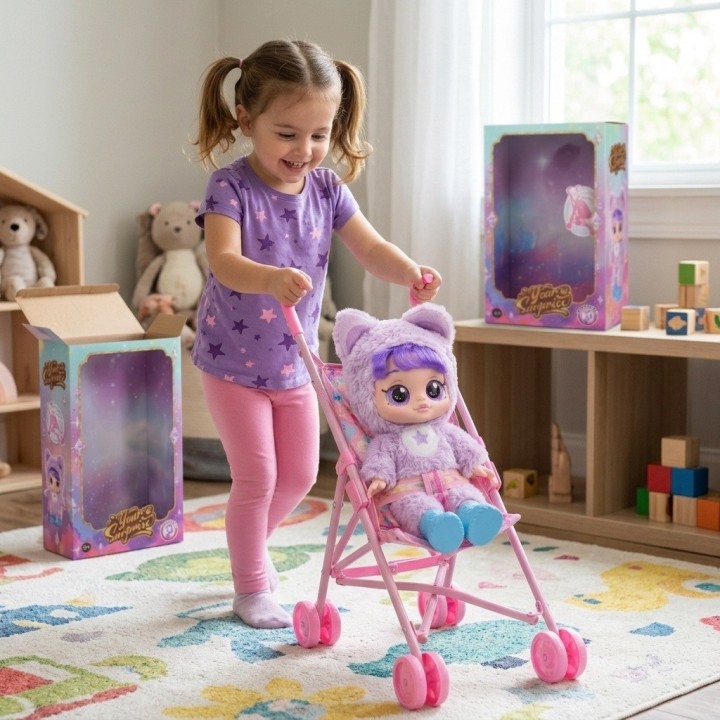 Muñeca Bebé Ojos Grandes Y Coche Paseador Plegable
