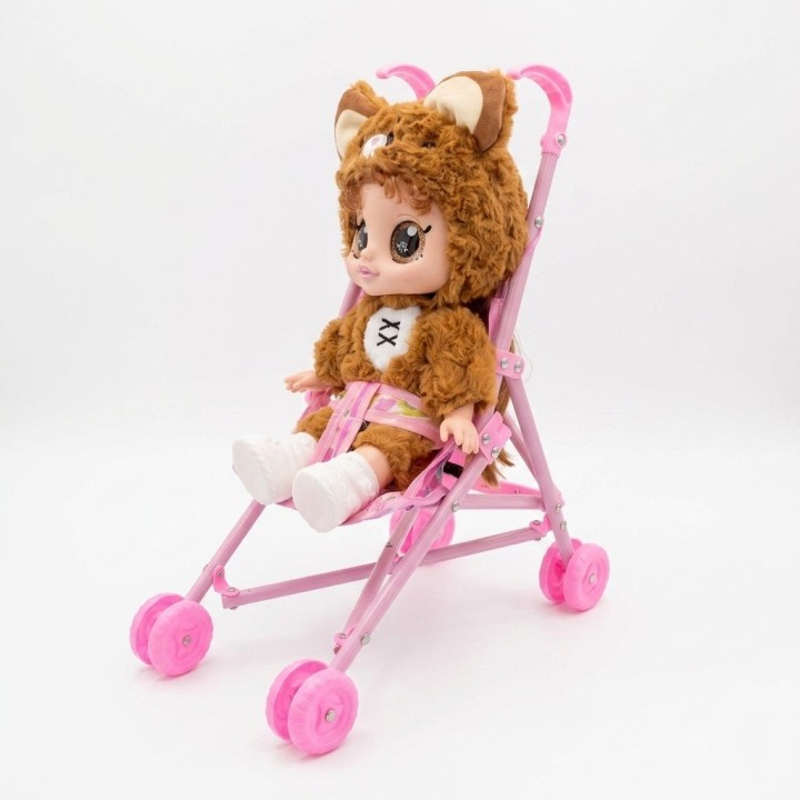 Muñeca Bebé Ojos Grandes Y Coche Paseador Plegable