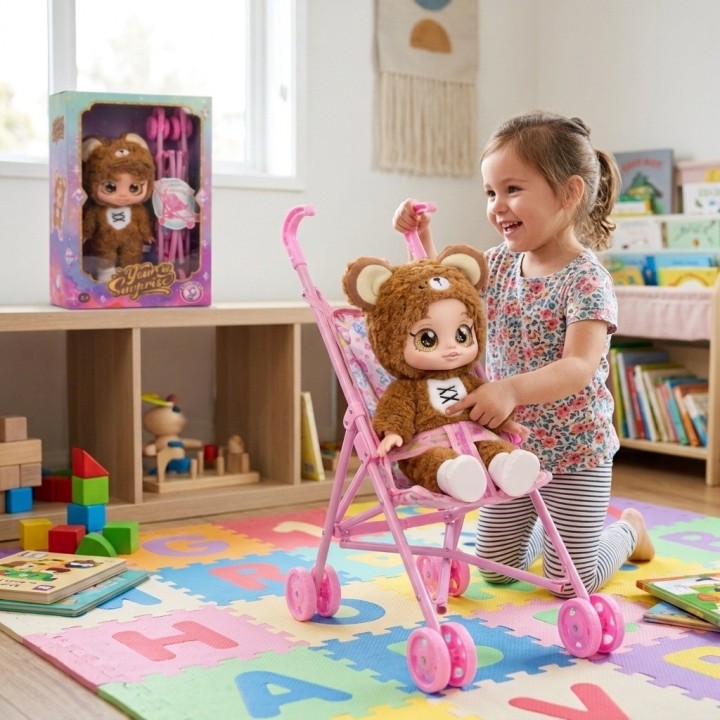 Muñeca Bebé Ojos Grandes Y Coche Paseador Plegable