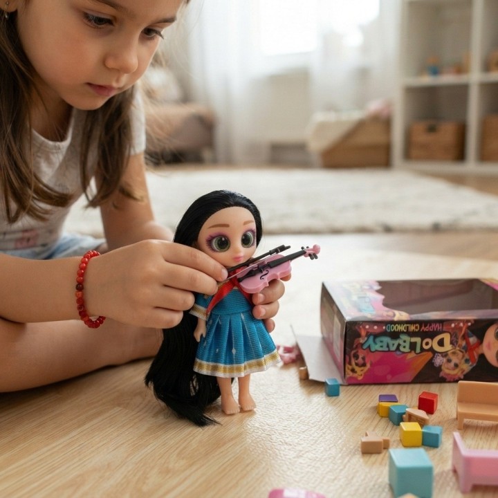 Muñeca Cabello Largo Ojos Grandes Y Violín De Juguete